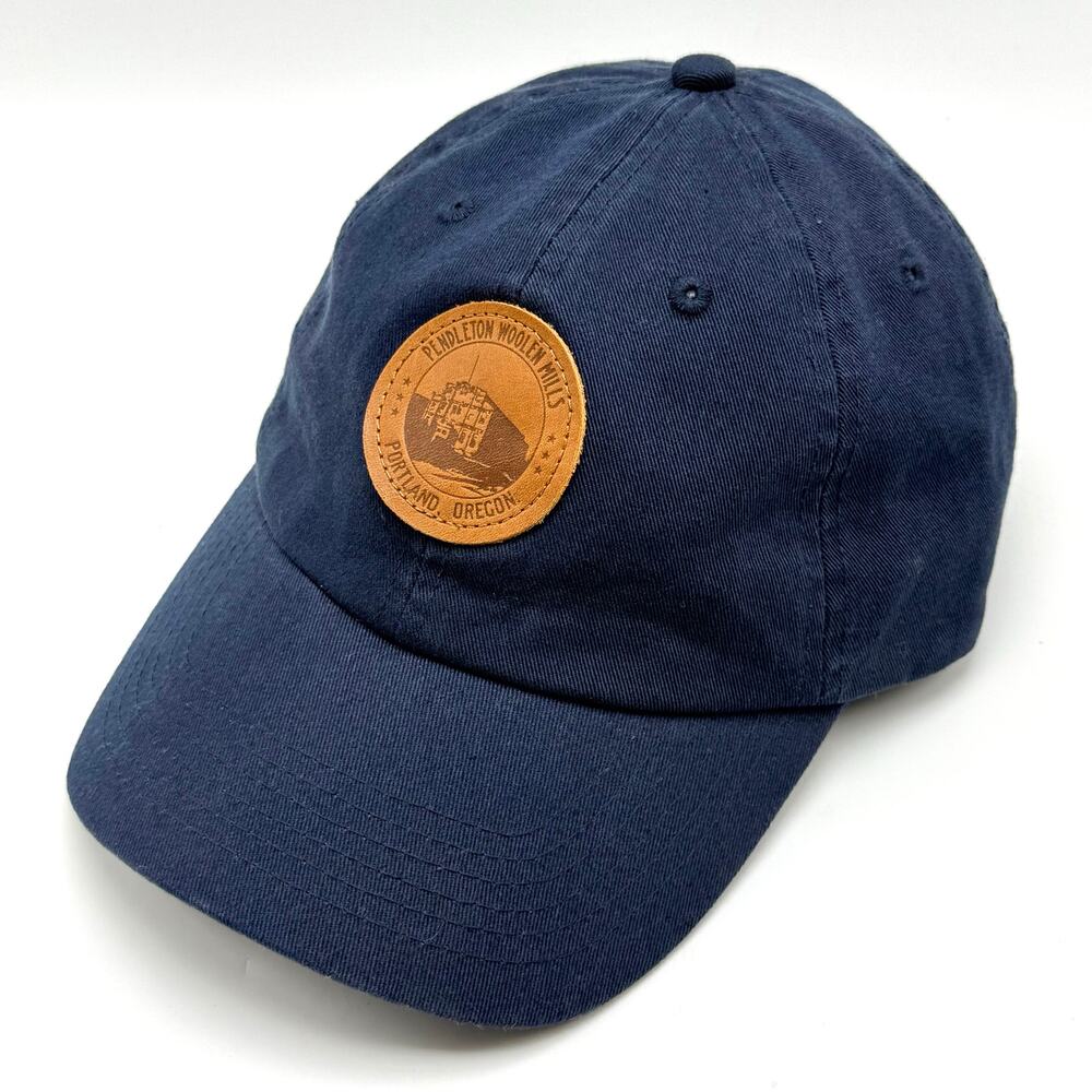 Pendleton Woolen Mills Cotton Baseball Cap Hat Navy Blue Leather Patch Portland